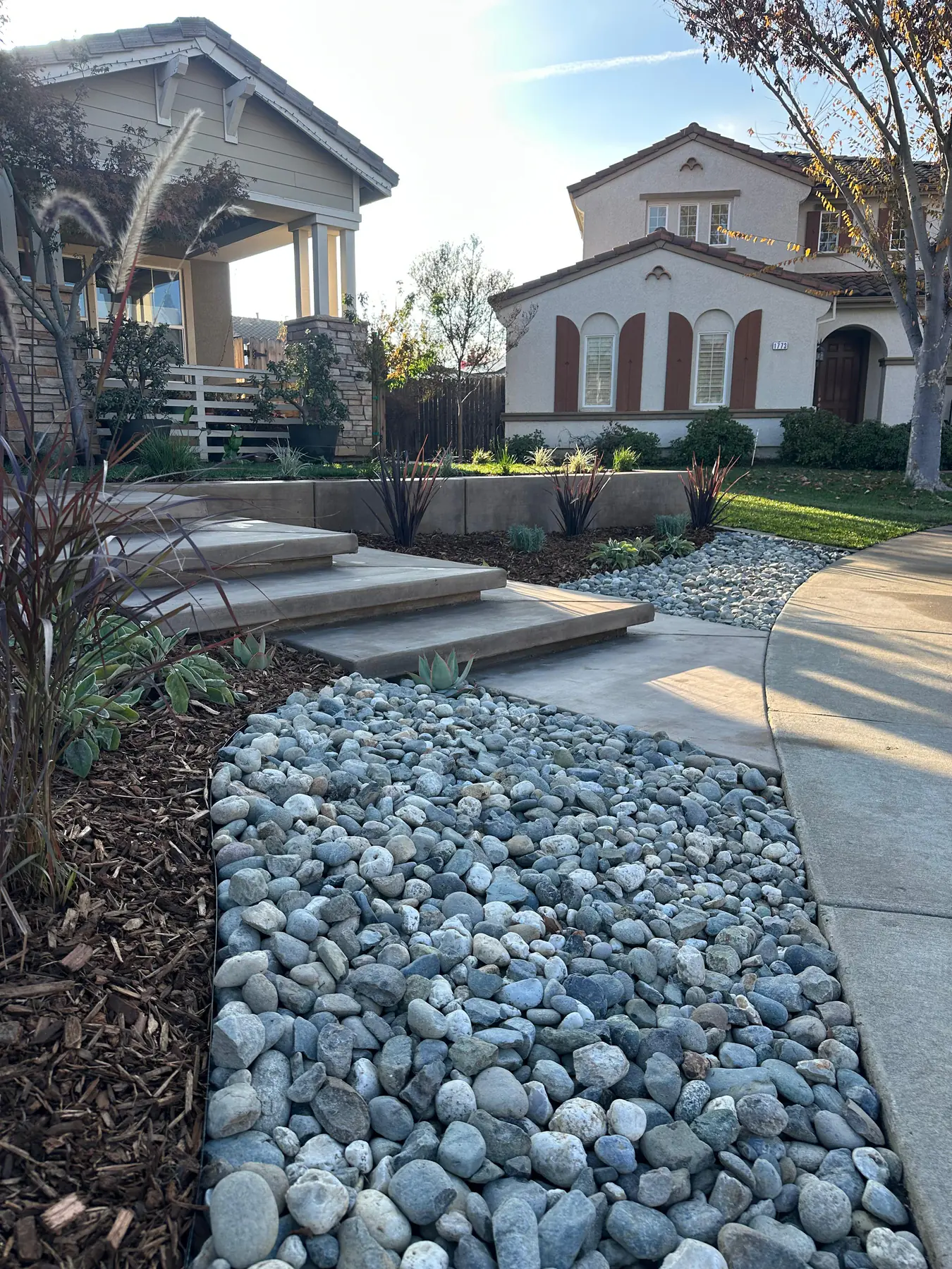 Completed front yard landscape with entry steps and planting