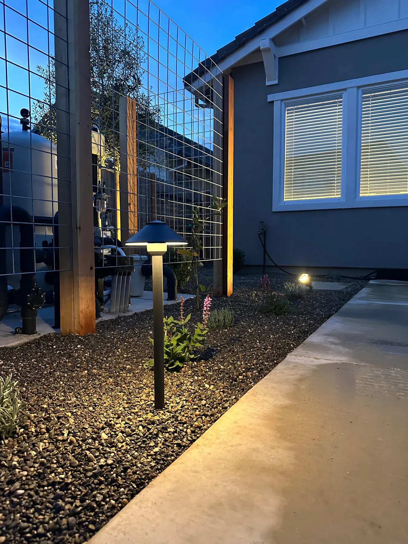 Professional landscape lighting illuminating garden path at night, dramatic dark atmosphere, warm golden glows on plants and walkway